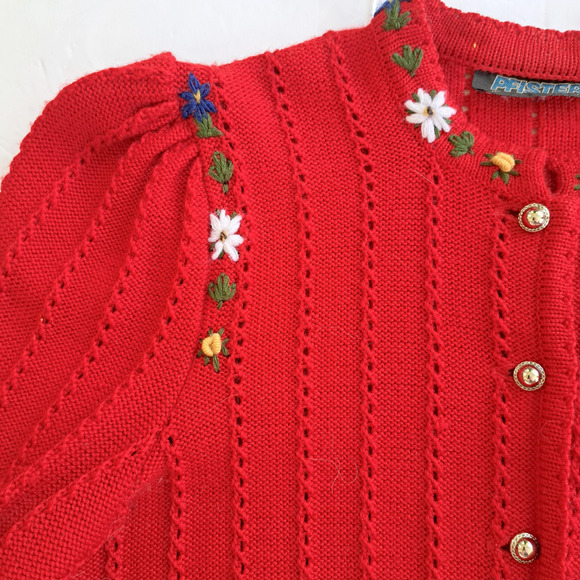 Pfister Austria Vintage Tyrolean Cardigan Sweater Red Floral Folk Embroidered L - Picture 6 of 11